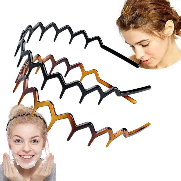 A set of black and brown anti-slip toothed hair accessories shown in various angles.