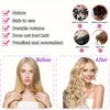 Before and after comparison of heatless magic hair curlers showing smooth, long blonde curls.