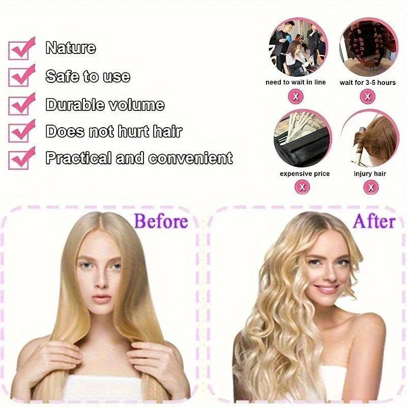 Before and after comparison of heatless magic hair curlers showing smooth, long blonde curls.