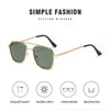 A pair of simple fashion sunglasses with a gold-toned metal frame and olive green lenses.