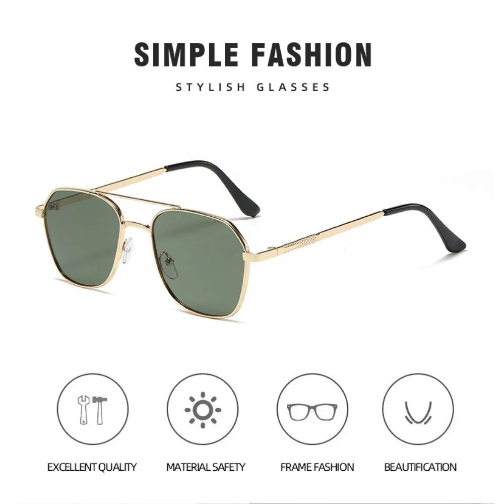 A pair of simple fashion sunglasses with a gold-toned metal frame and olive green lenses.