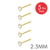 Five pairs of gold-finish crystal nostril studs, 2.5mm size, sold as a pack.