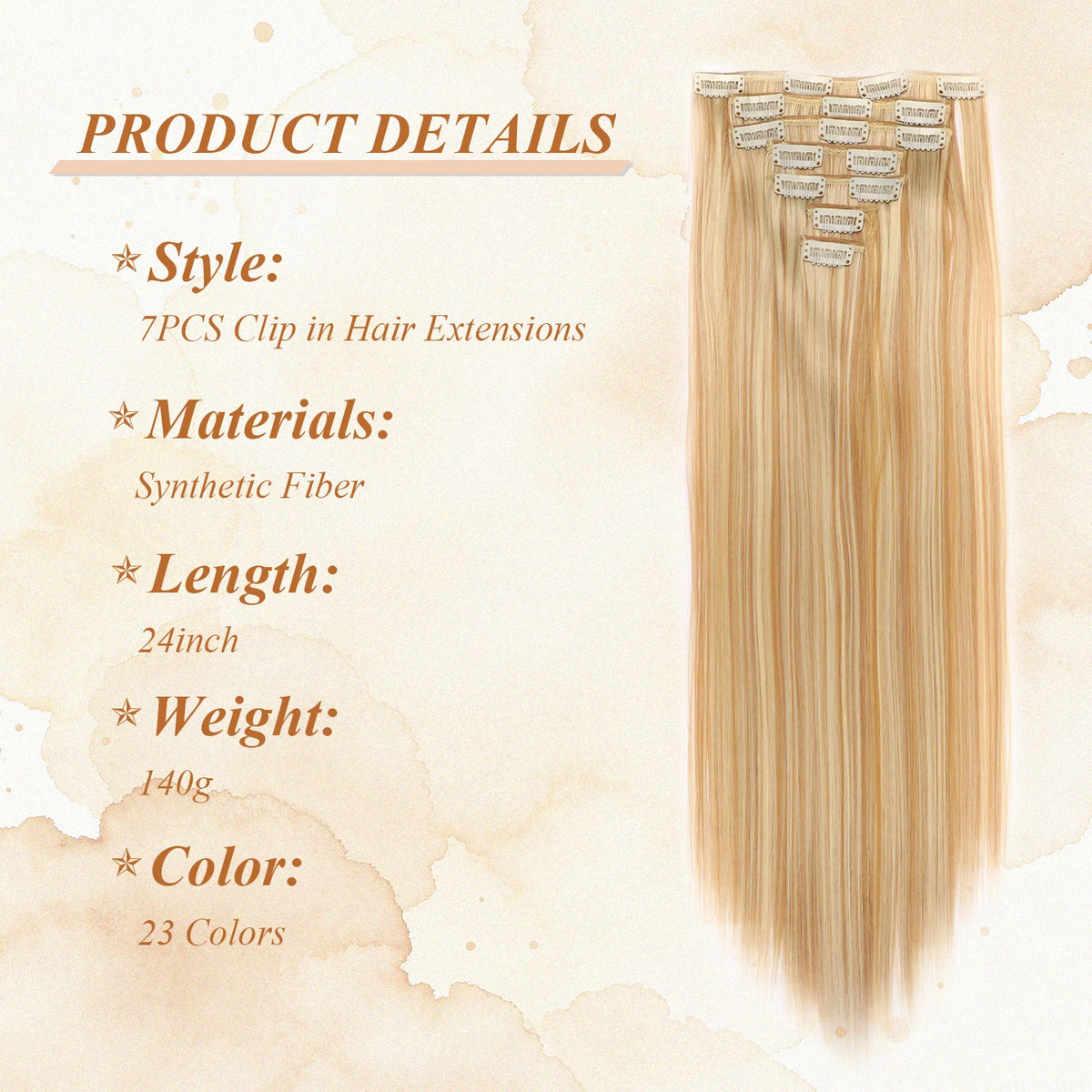 A bundle of long, straight blonde hair extensions with clip-in pieces displayed next to product details.