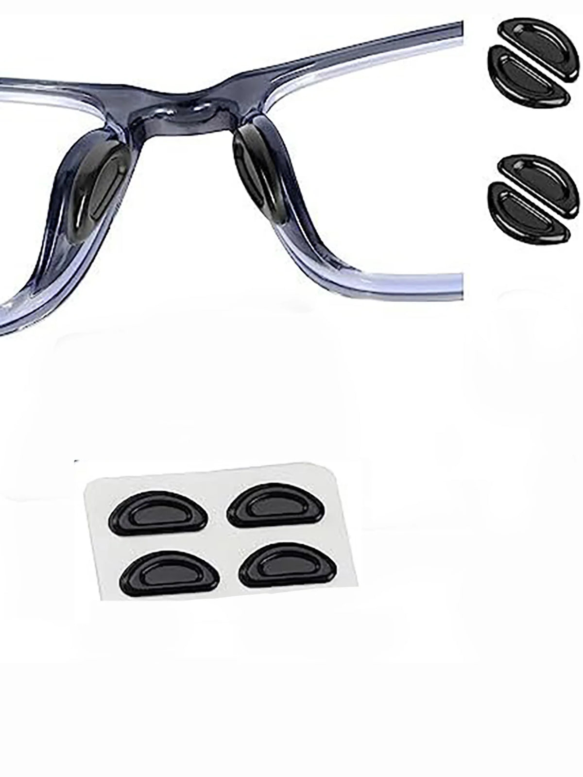 Puntas de silicona anti-resbalante para gafas, mostradas con almohadillas individuales y un par completo.