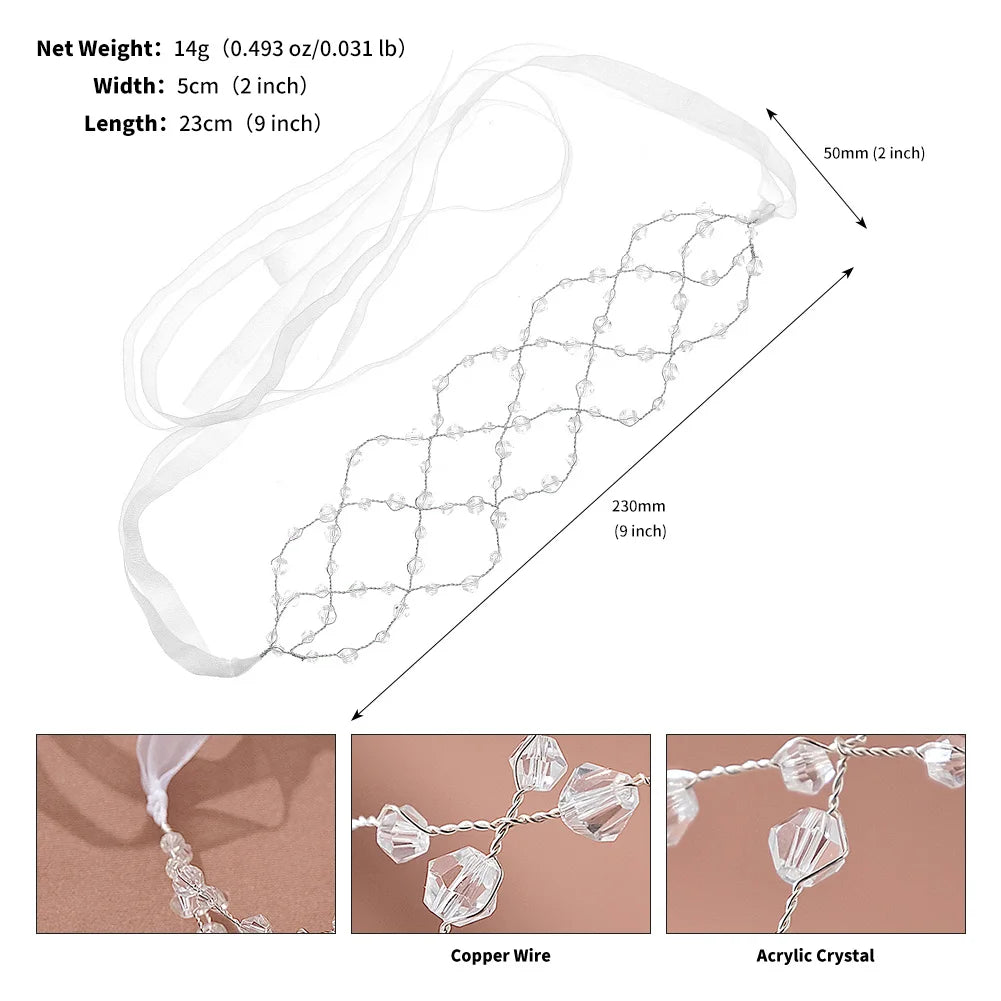 A transparent pearl hair net headband is shown with copper wire and acrylic crystals.