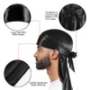 Black silky durag shower cap bandana shown on a man's head with details of its construction.