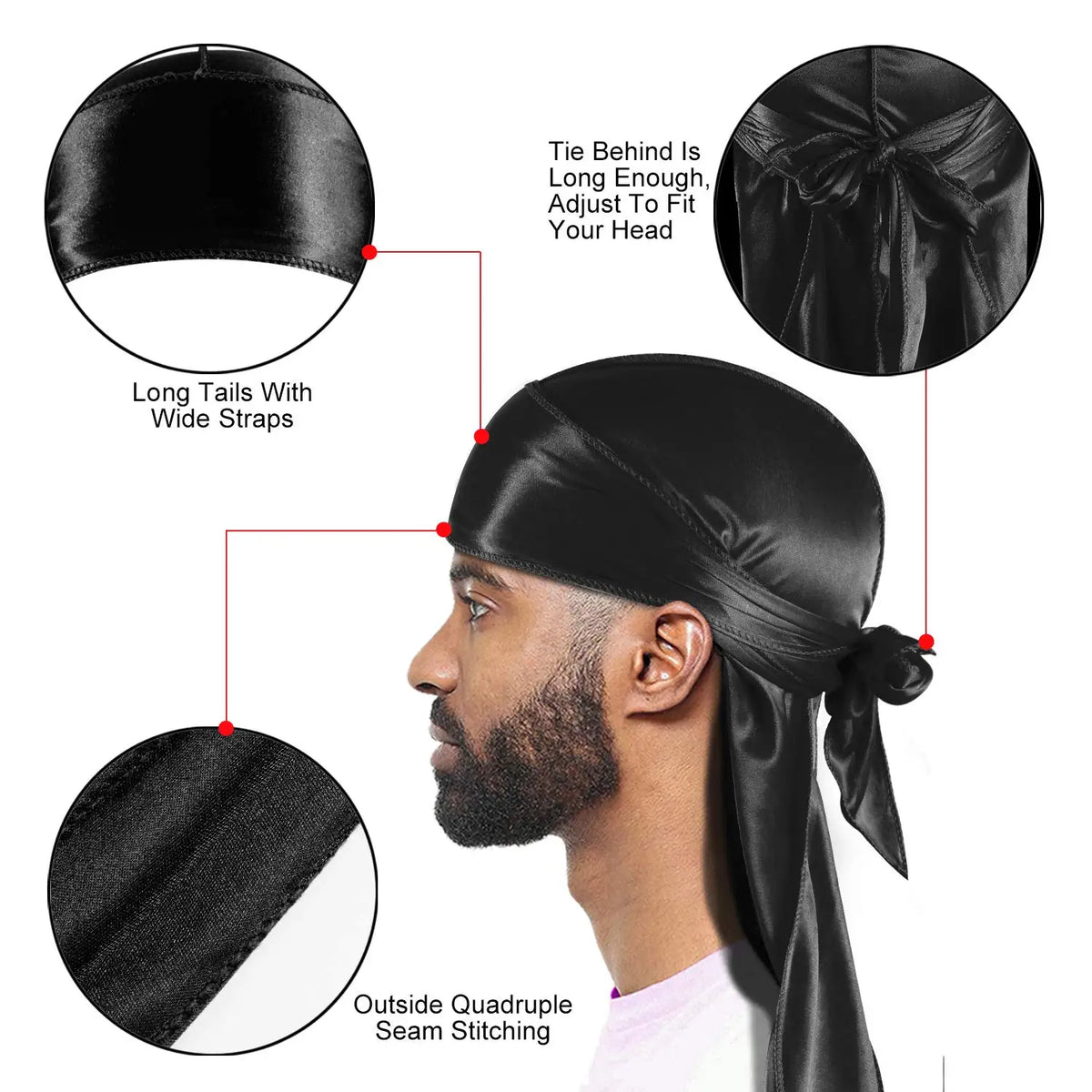 Black silky durag shower cap bandana shown on a man's head with details of its construction.