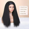 A straight black synthetic wig with full volume and long lasting texture displayed on a mannequin head.