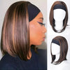 A woman models a brown ombre bob wig with straight heat resistant synthetic hair and a black headband.
