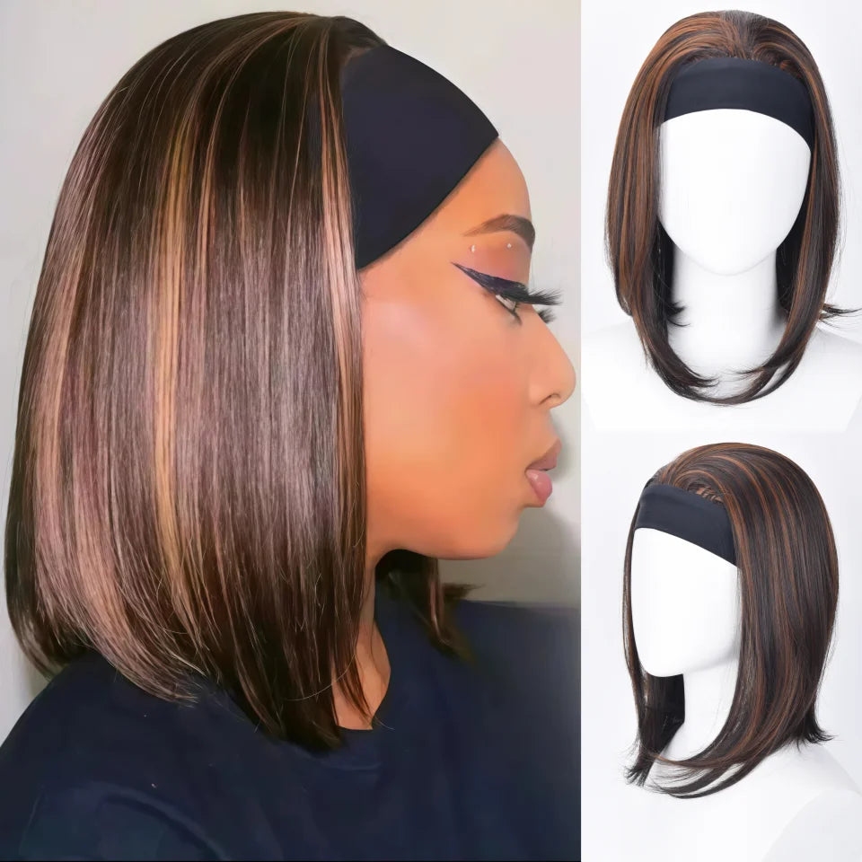 A woman models a brown ombre bob wig with straight heat resistant synthetic hair and a black headband.