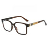 A pair of brown-framed rectangular anti-blue light eyeglasses with a striped temple design.