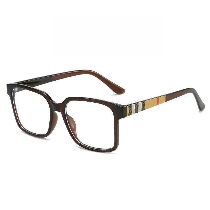 A pair of brown-framed rectangular anti-blue light eyeglasses with a striped temple design.