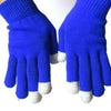 Pair of royal blue knit touch screen gloves with white cuff trim