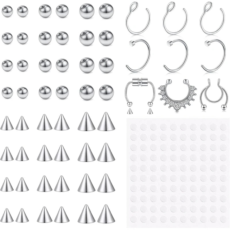 A collection of silver replacement fake eyebrow and lip labret studs in various shapes and sizes.