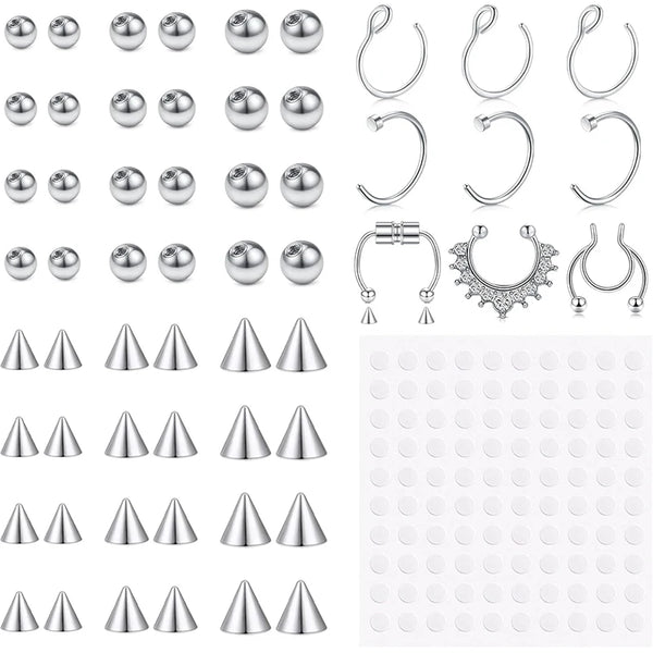 A collection of silver replacement fake eyebrow and lip labret studs in various shapes and sizes.