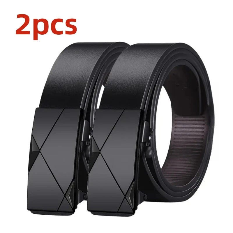 Two black men's automatic buckle casual belts shown side by side.