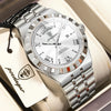 A silver men's luminous quartz wristwatch with a metal bracelet and leather tag is displayed in a box.