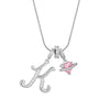 Silver letter K pendant necklace with a pink gemstone charm