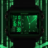 A dark green digital wristwatch with a luminous display showing the time 16:14 and various mode settings.