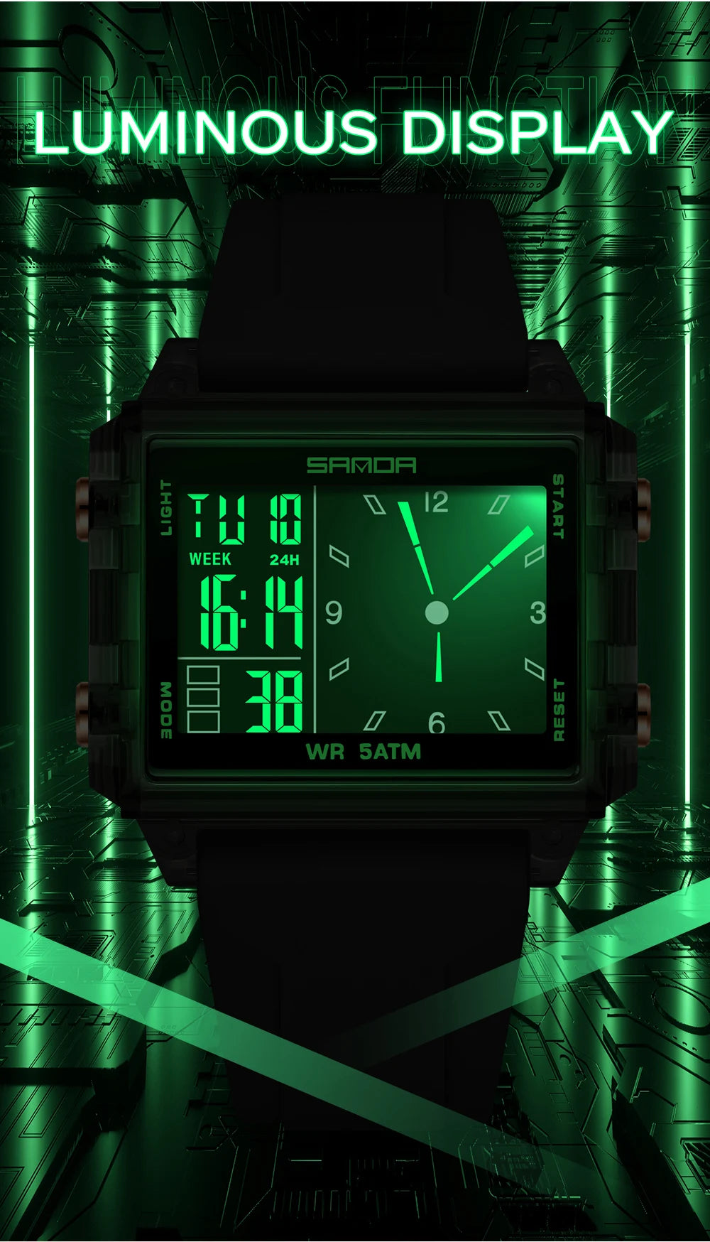 A dark green digital wristwatch with a luminous display showing the time 16:14 and various mode settings.