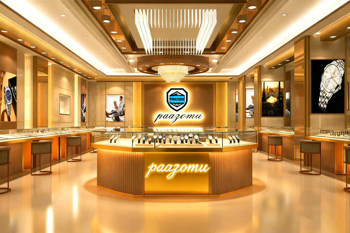 A luxury watch display featuring a quartz timepiece in a brightly lit, modern retail environment.