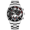 A stainless steel chronograph watch with a black dial and silver bracelet.