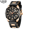 A black and rose gold men's luxury quartz sport watch with a chronograph display.