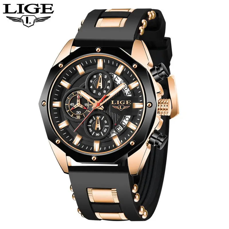 A black and rose gold men's luxury quartz sport watch with a chronograph display.