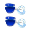 A pair of clear blue double-layer dental braces for anti-snoring relief, shown in open and closed forms.