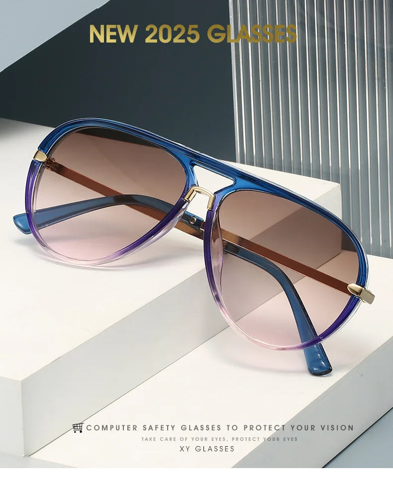 A pair of purple-tinted aviator style sunglasses with gold accents displayed on a white surface.