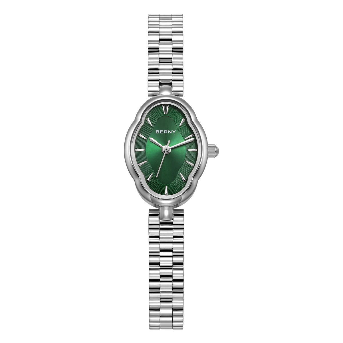 Montre-bracelet en acier inoxydable argenté avec cadran vert et bracelet en maillons métalliques.