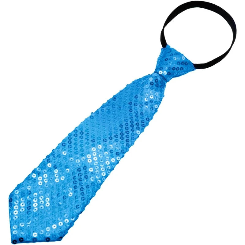 A bright blue sequin tie with a black neck strap for parties and events.