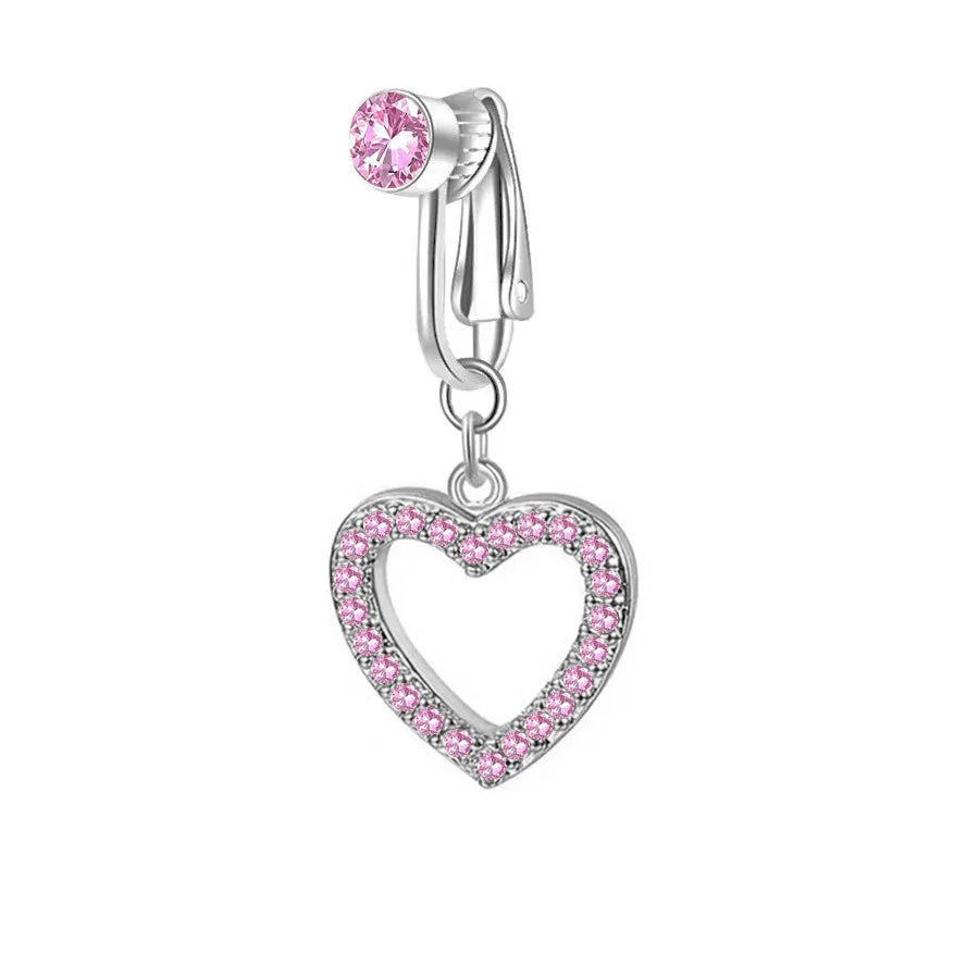 Silver fashion belly button rings with pink stones and a hanging charm.