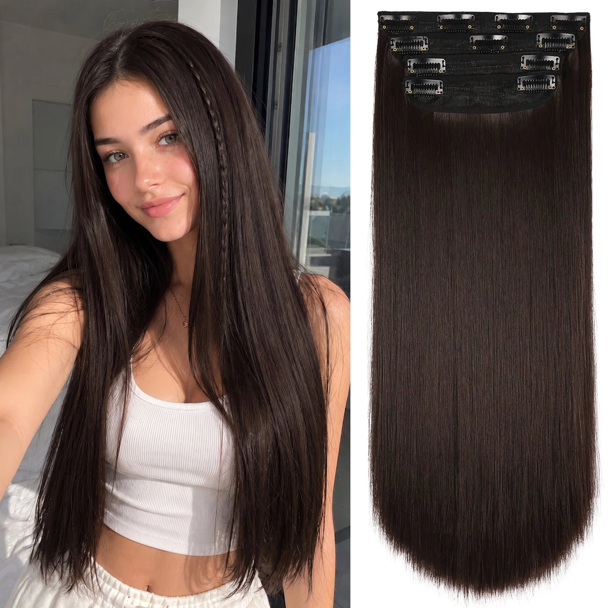 A woman models long, dark brown hair with synthetic ombre clips attached for a 20-inch length.