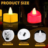 Product size comparison showing different sizes of LED flameless tealight candles and battery replacement parts
