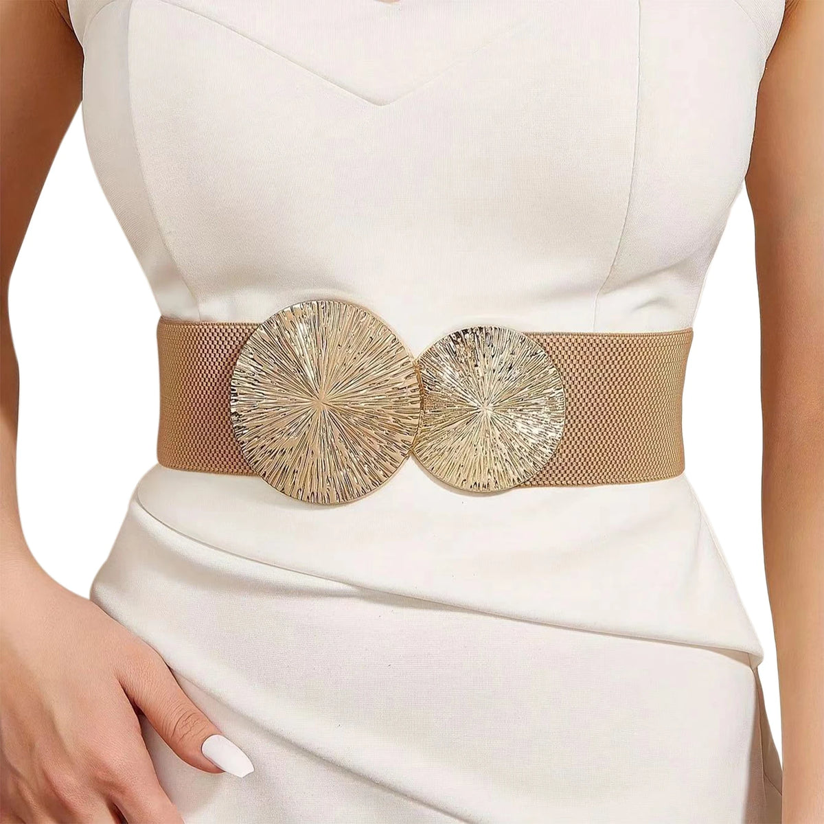 A close-up of a white dress featuring a gold sequin elastic waist belt.