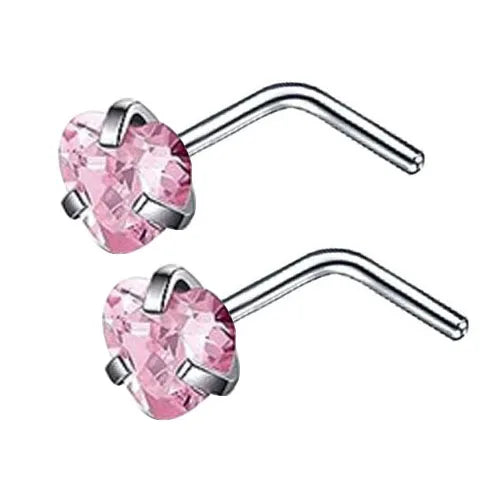 Par de pendientes en forma de L de acero inoxidable con piedras de circonita rosa cubicada