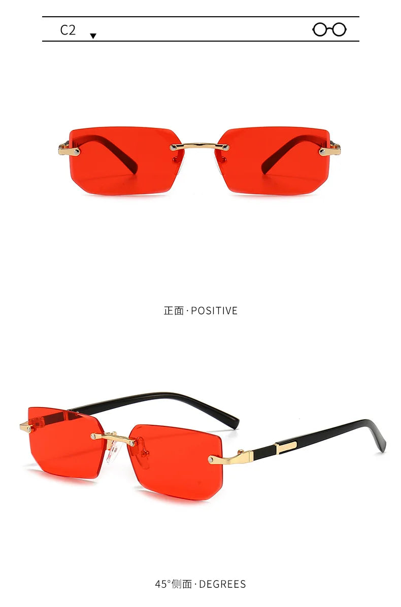 Orange rimless rectangle sunglasses shown in a straight-on view and a 45-degree angle.