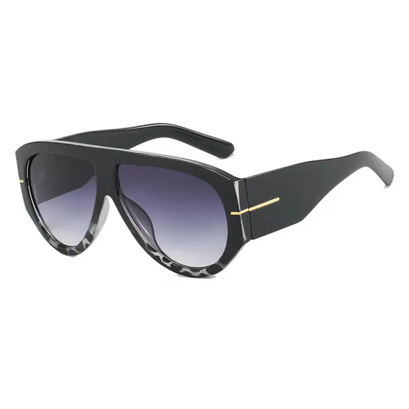 Black retro oval sunglasses with dark tinted lenses and gold accents