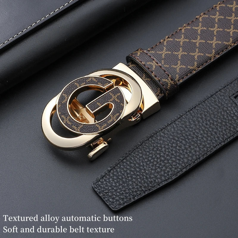 A close-up of a gold-toned buckle and dark brown plaid leather belt with a textured finish.