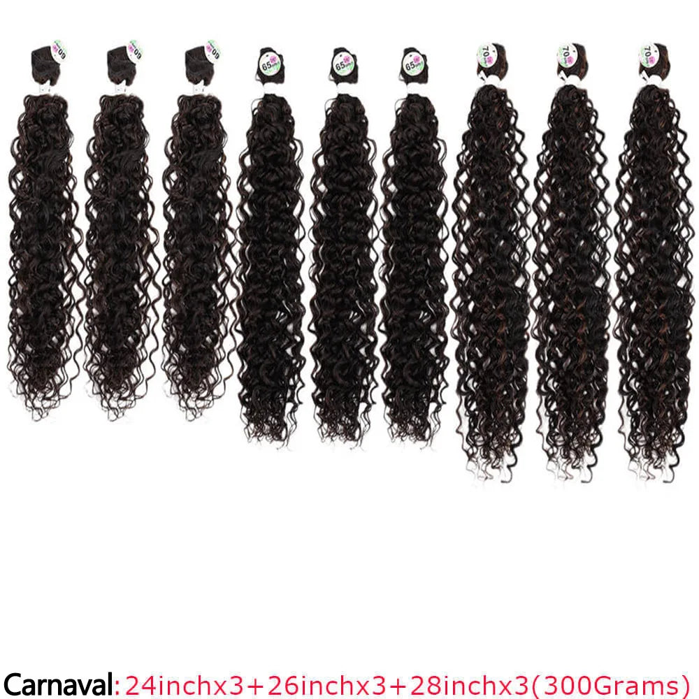 A bundle of long curly hair extensions in black, packaged for sale.