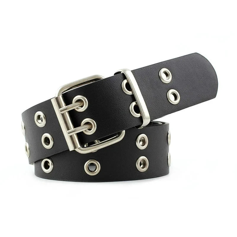 A black leather belt with a silver buckle and double holes is shown from the side.