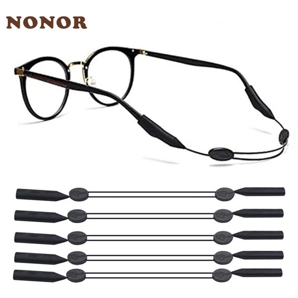 A pair of black, adjustable silicone eyewear straps for glasses and sunglasses.