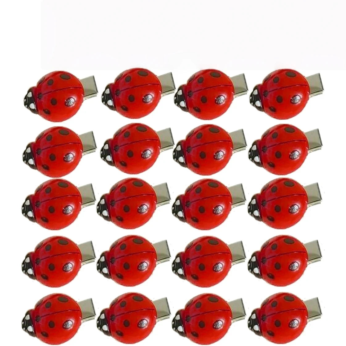 A set of ten red ladybug hair clips for decoration.