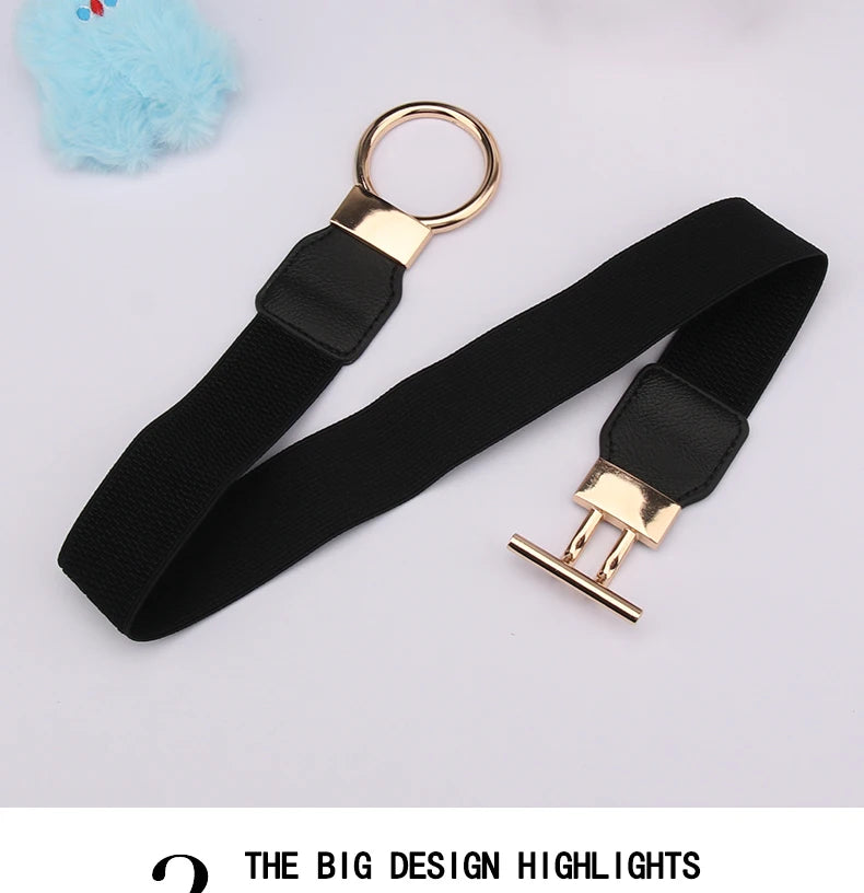 Black adjustable fashion round buckle belt with gold-tone hardware and a light blue fluffy pom-pom.