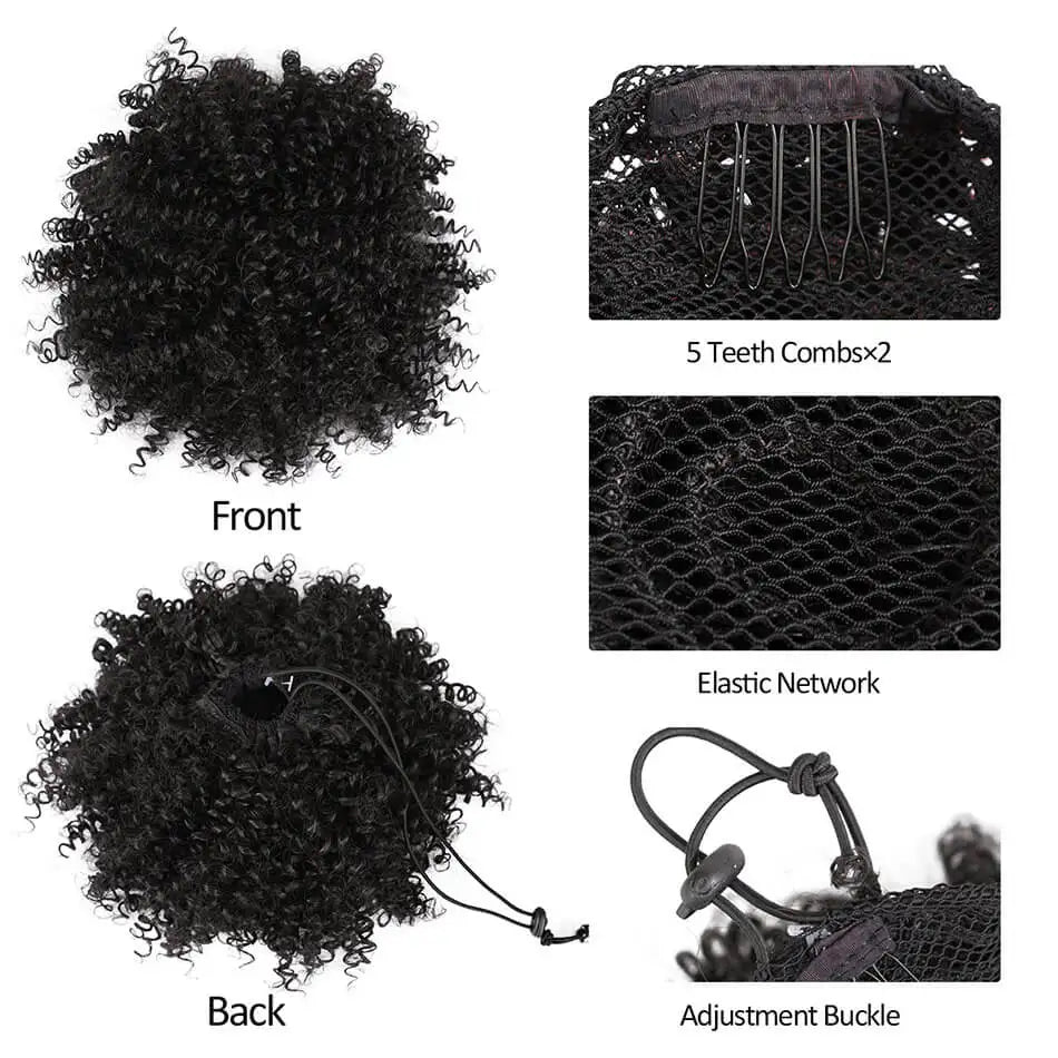 Set schwarze synthetische Afro-Puff-Chignon-Haarerweiterungen, vorne, hinten und mit Elastiknetz