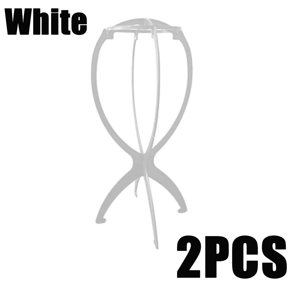 Soporte plegable portátil de peluca blanca con diseño de estructura de alambre.