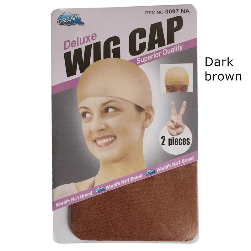 Packaging for a Dark brown Deluxe Wig Cap featuring a model and two pieces of net.