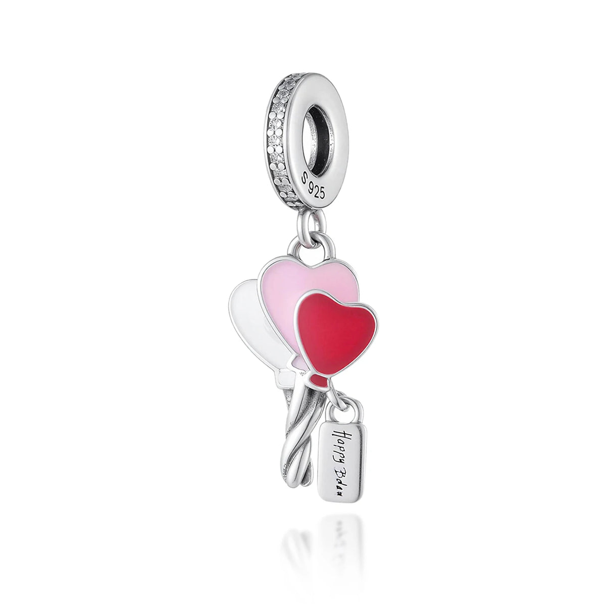 Collar de charm plateado con colgante de corazón y esmalte rosa y rojo, con una etiqueta 'Feliz Hoy'.