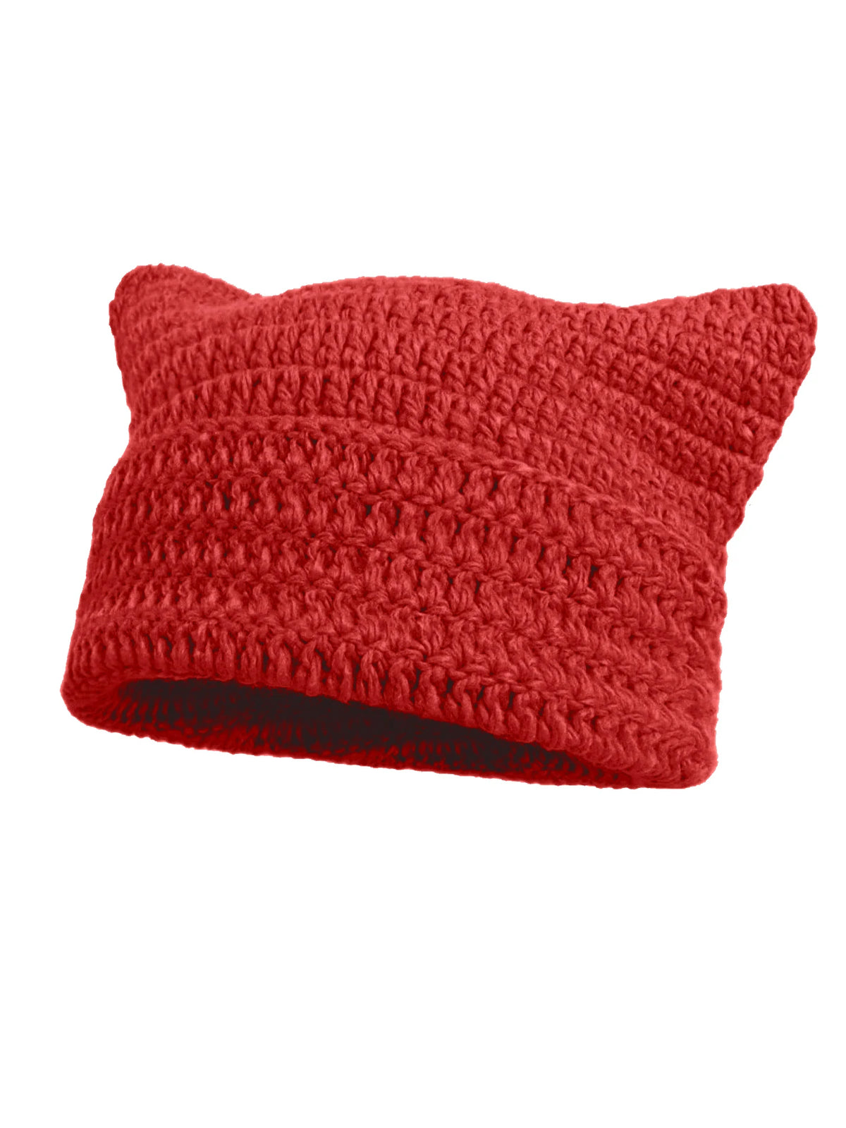 A knitted red crocheted beanie hat with cat ear style.